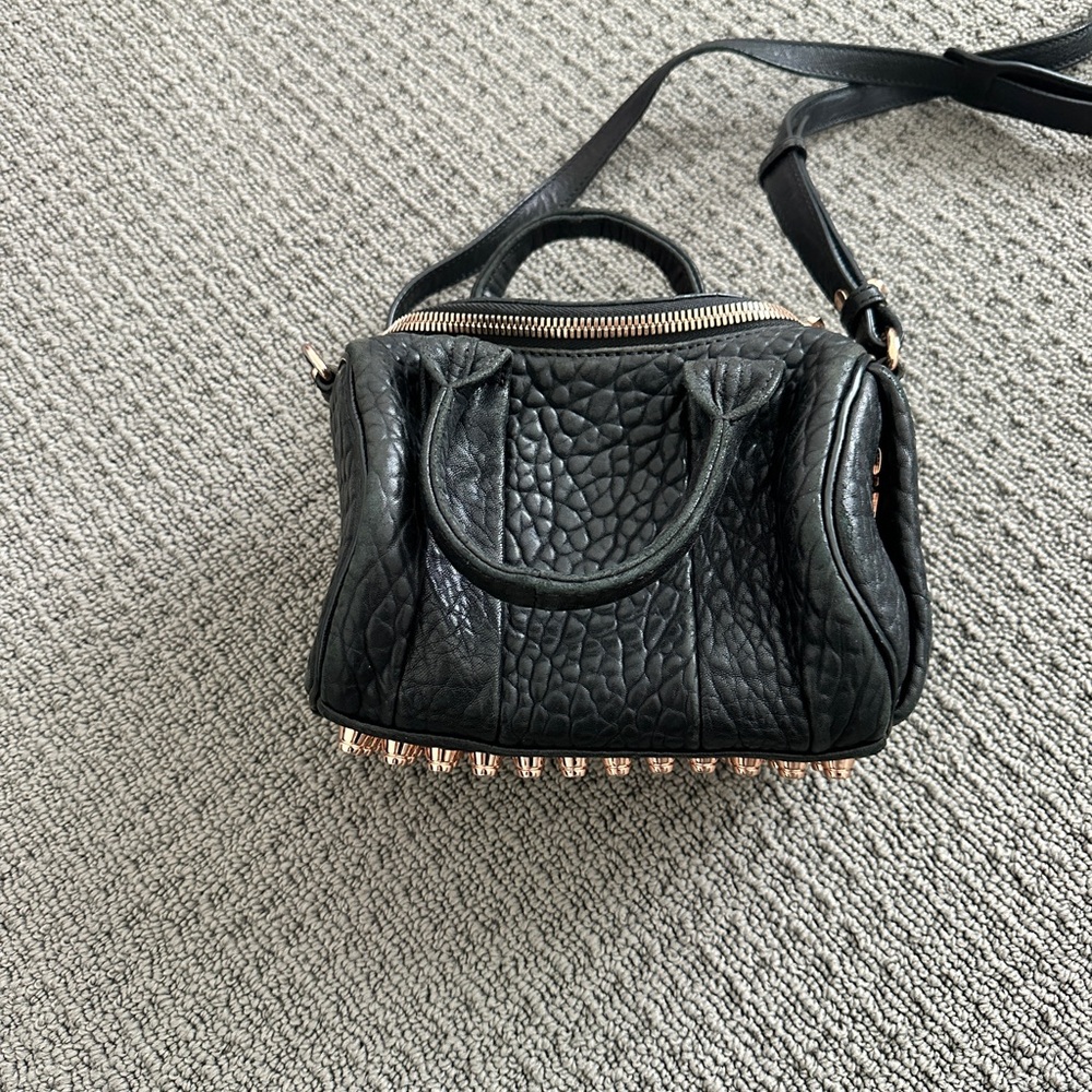 Alexander Wang Black Pebbled Leather Mini Rocco Duffel with Rose Gold Studs
